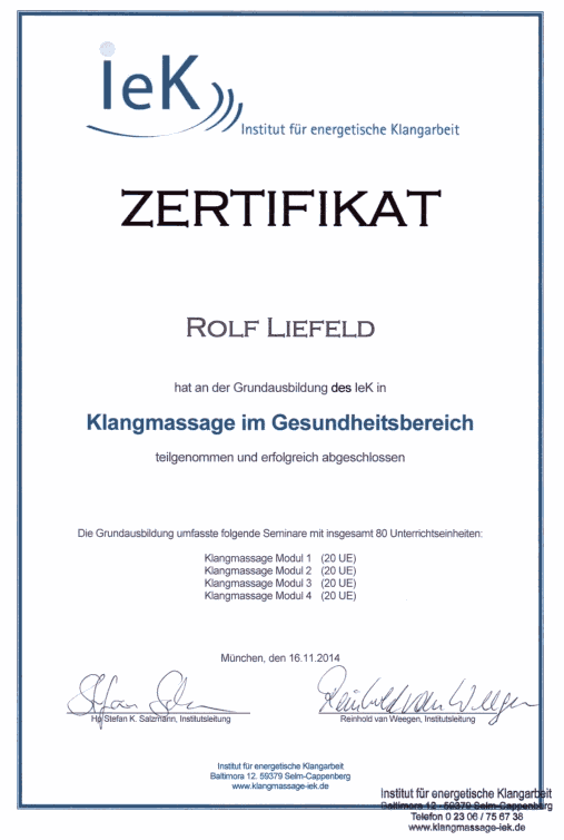Zertifikat Klangmassage Rolf Liefeld